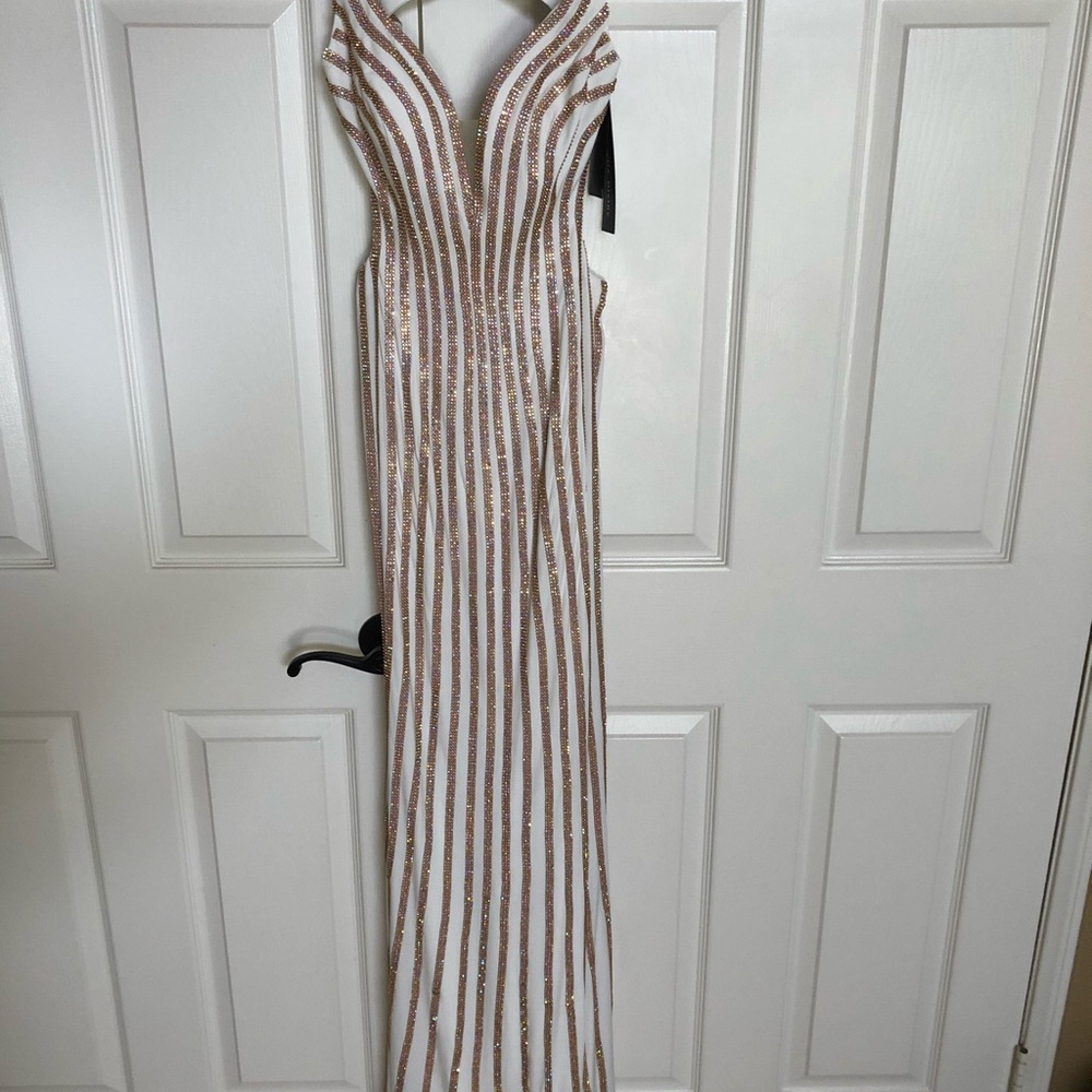 White gown with rose gold beading, brand new!